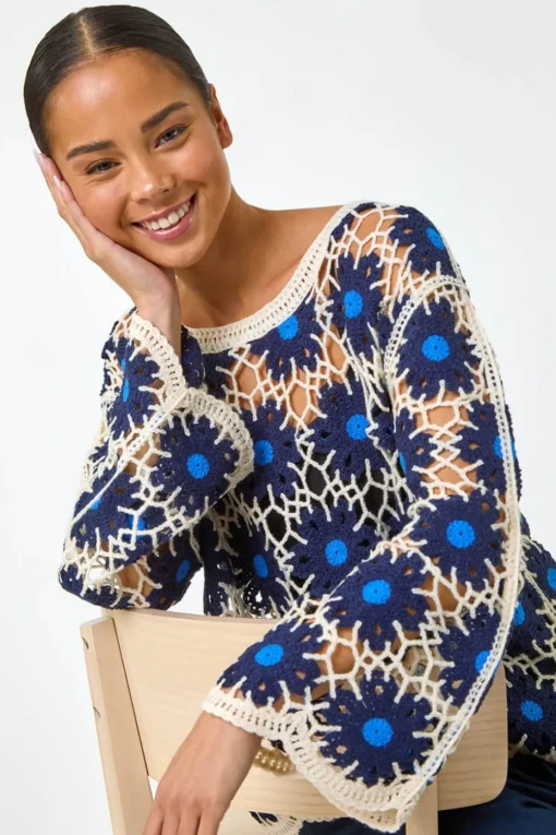 Roman Navy Petite Crochet Floral Knit Top