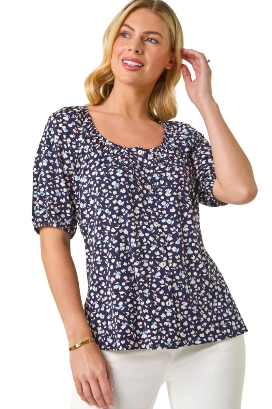 Roman Navy Petite Ditsy Print Button Front Top