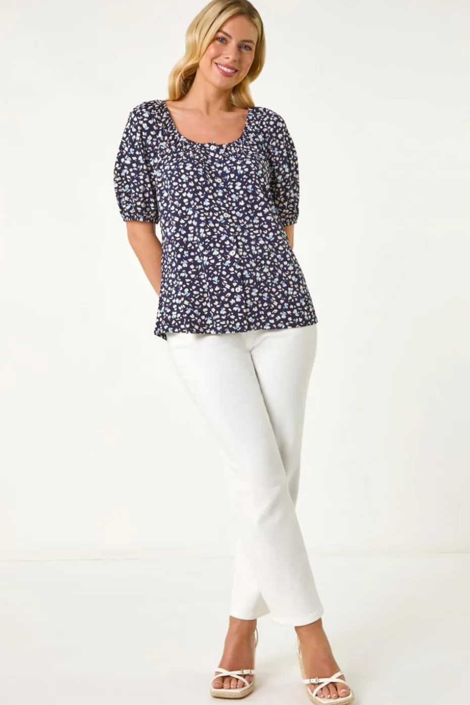 Roman Navy Petite Ditsy Print Button Front Top