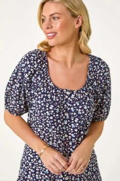 Roman Navy Petite Ditsy Print Button Front Top