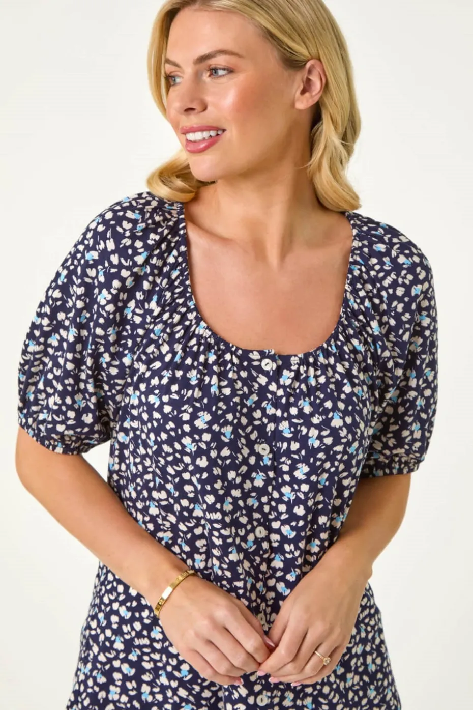 Roman Navy Petite Ditsy Print Button Front Top