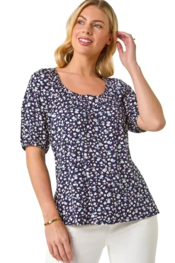 Roman Navy Petite Ditsy Print Button Front Top