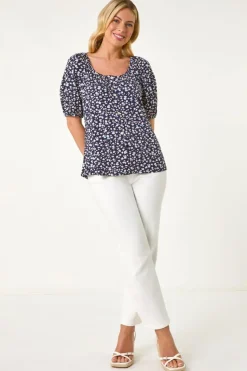 Roman Navy Petite Ditsy Print Button Front Top