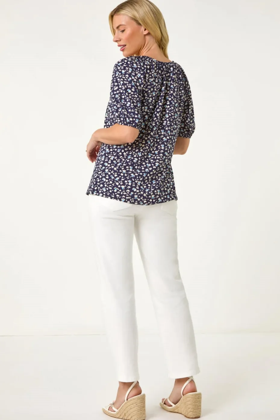 Roman Navy Petite Ditsy Print Button Front Top
