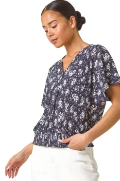 Roman Navy Petite Floral Print Crinkle Blouson Top