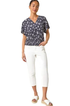 Roman Navy Petite Floral Print Crinkle Blouson Top