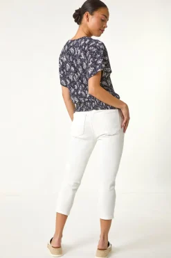Roman Navy Petite Floral Print Crinkle Blouson Top