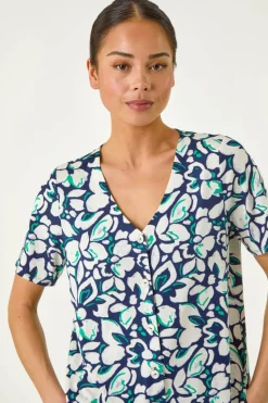 Roman Navy Petite Floral V-Neck Stretch Blouse