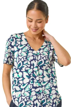 Roman Navy Petite Floral V-Neck Stretch Blouse