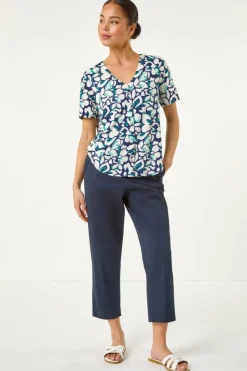 Roman Navy Petite Floral V-Neck Stretch Blouse