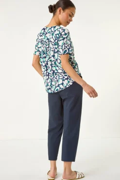 Roman Navy Petite Floral V-Neck Stretch Blouse