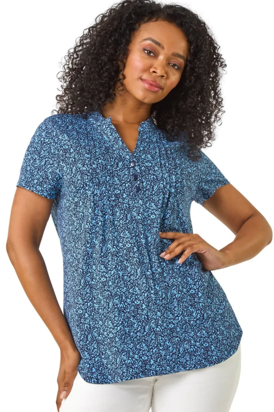 Roman Navy Petite Floral Print V-Neck Stretch Top