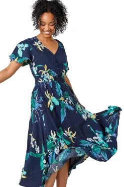 Roman Navy Petite Floral Shirred Midi Dress