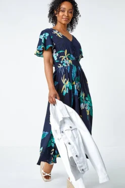 Roman Navy Petite Floral Shirred Midi Dress