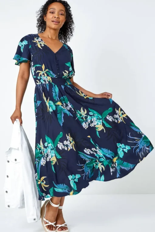 Roman Navy Petite Floral Shirred Midi Dress