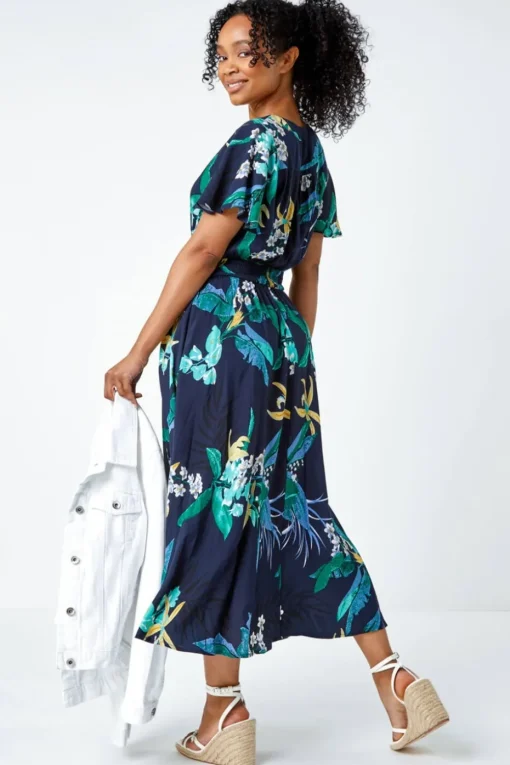 Roman Navy Petite Floral Shirred Midi Dress