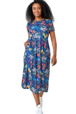 Roman Navy Petite Floral Print Midi Stretch Dress