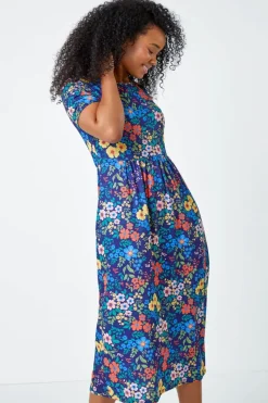 Roman Navy Petite Floral Print Midi Stretch Dress
