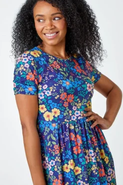Roman Navy Petite Floral Print Midi Stretch Dress