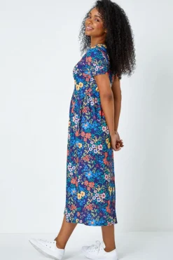 Roman Navy Petite Floral Print Midi Stretch Dress