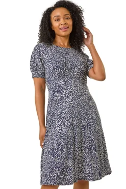 Roman Navy Petite Floral Print Shirred Stretch Dress