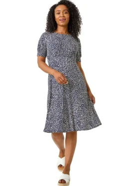 Roman Navy Petite Floral Print Shirred Stretch Dress
