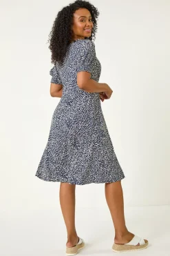 Roman Navy Petite Floral Print Shirred Stretch Dress