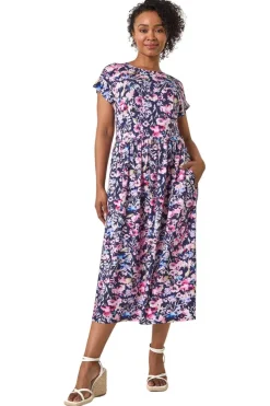 Roman Navy Petite Floral Print Gathered Midi Dress