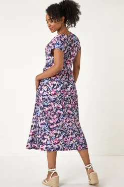 Roman Navy Petite Floral Print Gathered Midi Dress