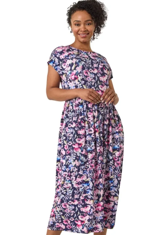 Roman Navy Petite Floral Print Gathered Midi Dress