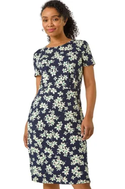 Roman Navy Petite Floral Print Pocket Stretch Dress