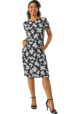 Roman Navy Petite Floral Print Pocket Stretch Dress