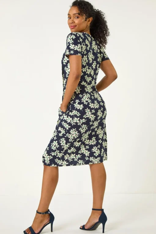 Roman Navy Petite Floral Print Pocket Stretch Dress