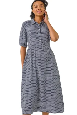Roman Navy Petite Geo Print Button Midi Dress