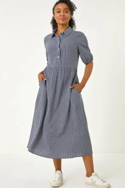Roman Navy Petite Geo Print Button Midi Dress