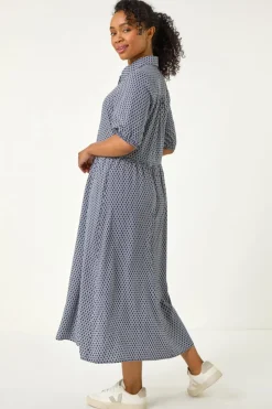 Roman Navy Petite Geo Print Button Midi Dress