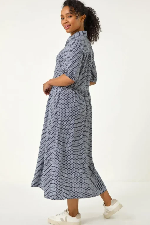 Roman Navy Petite Geo Print Button Midi Dress