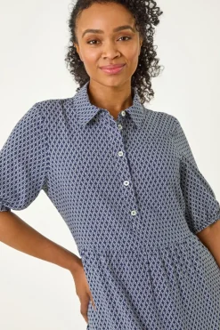 Roman Navy Petite Geo Print Button Midi Dress