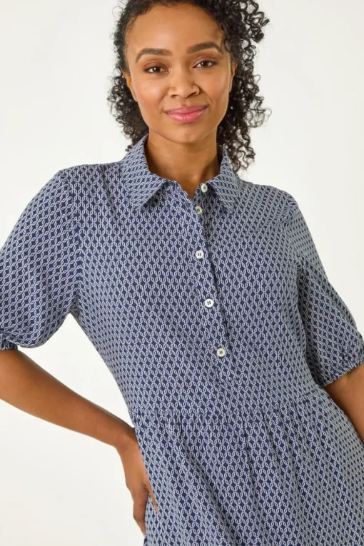 Roman Navy Petite Geo Print Button Midi Dress