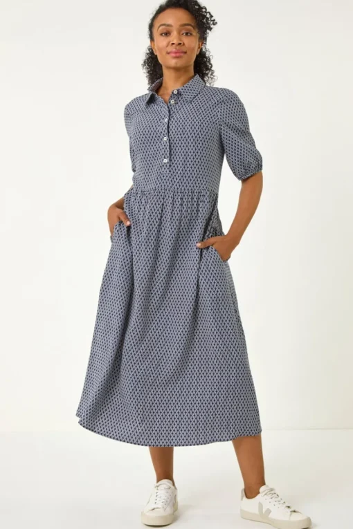 Roman Navy Petite Geo Print Button Midi Dress