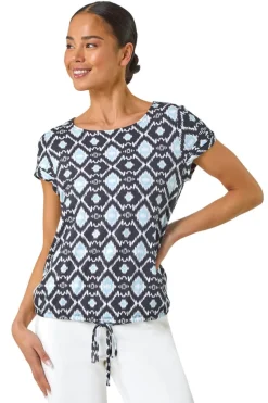 Roman Navy Petite Geo Print Drawstring Stretch Top