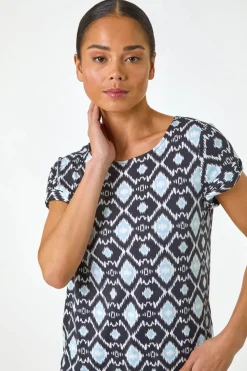 Roman Navy Petite Geo Print Drawstring Stretch Top