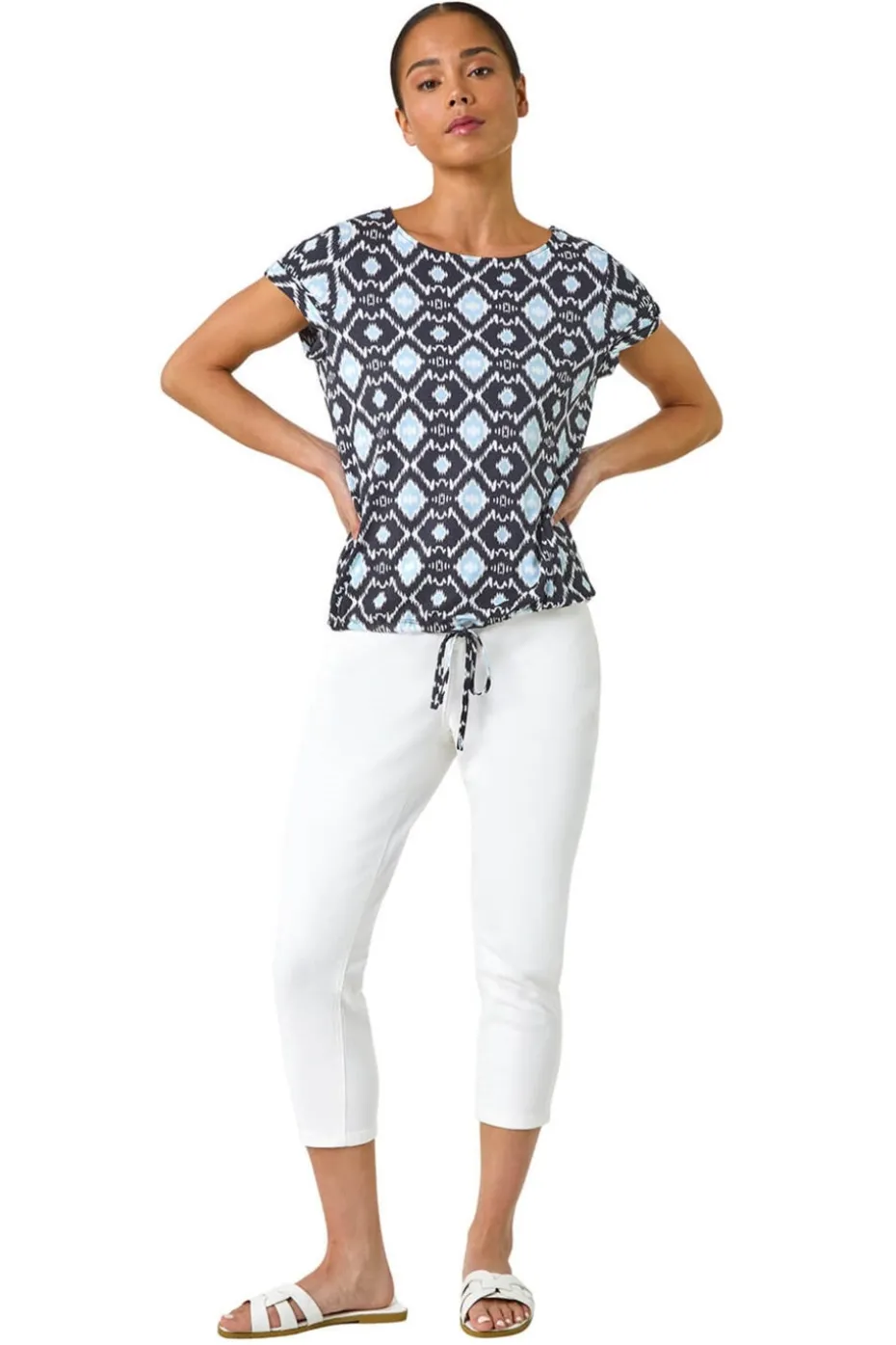 Roman Navy Petite Geo Print Drawstring Stretch Top