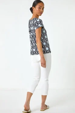 Roman Navy Petite Geo Print Drawstring Stretch Top