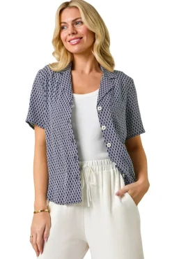 Roman Navy Petite Geometric Buttoned Blouse
