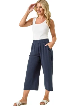 Roman Navy Petite Linen Mix Cropped Trouser