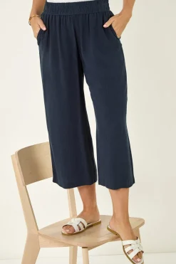Roman Navy Petite Linen Mix Cropped Trouser