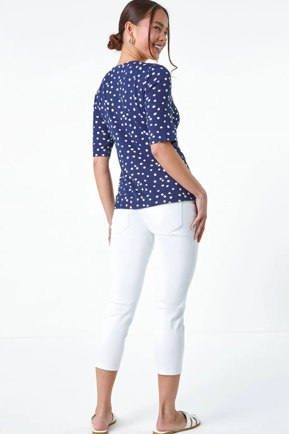 Roman Navy Petite Polka Dot Ruched Stretch Top
