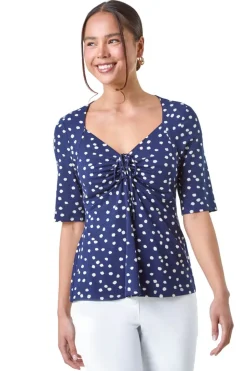 Roman Navy Petite Polka Dot Ruched Stretch Top