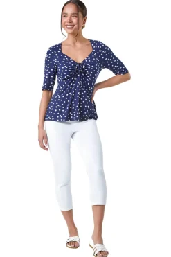 Roman Navy Petite Polka Dot Ruched Stretch Top